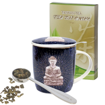 Cadeau-idee 3: 50 gram thee + Theebeker 'Boeddha' + Maatlepel